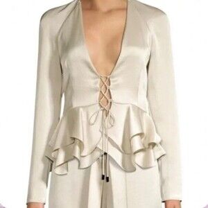 NWT ALEXIS Reagan Long-Sleeve Lace-Up Peplum Top silver satin Size XS women